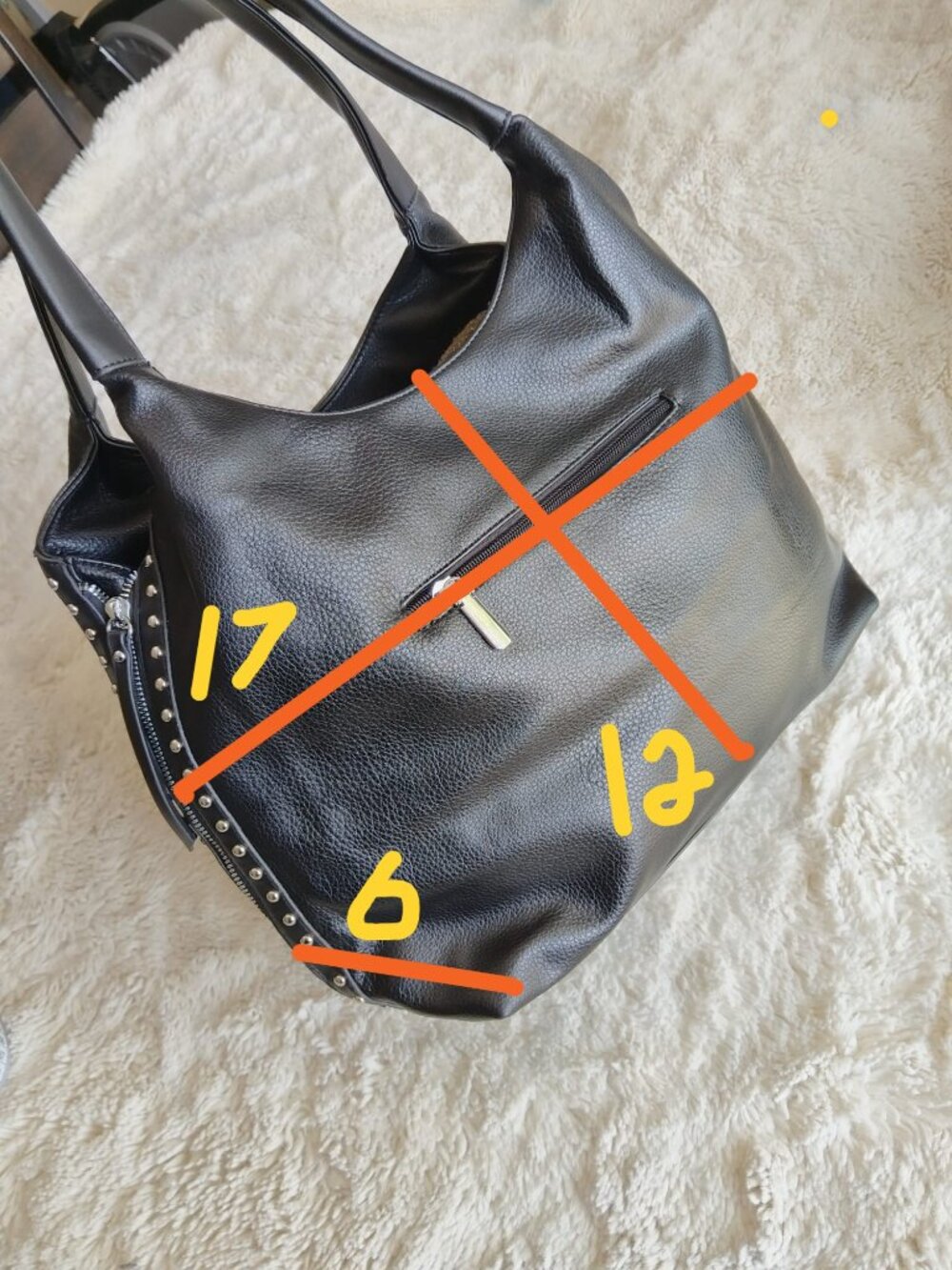 Black Pebble Leather Studded Hobo Bag Shoulder Tote Zipper Accents Edgy Rocker - Picture 4 of 12